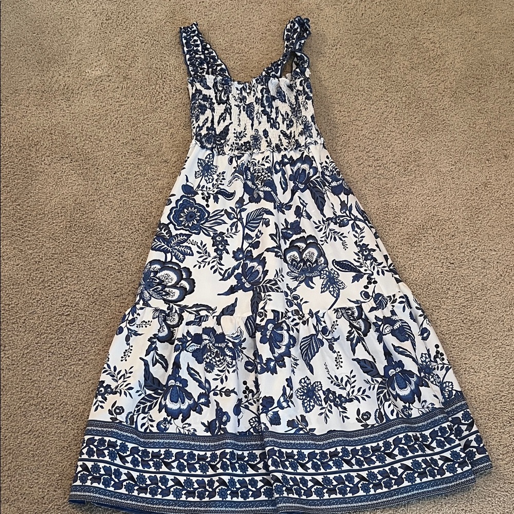THML White Midi Dress with Blue Floral Print